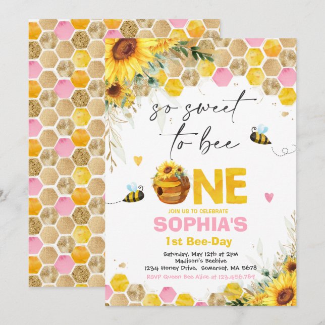 Invitación Bee Cumpleaños Sunflower Honey Bee Fiesta de Cumpl (Anverso / Reverso)