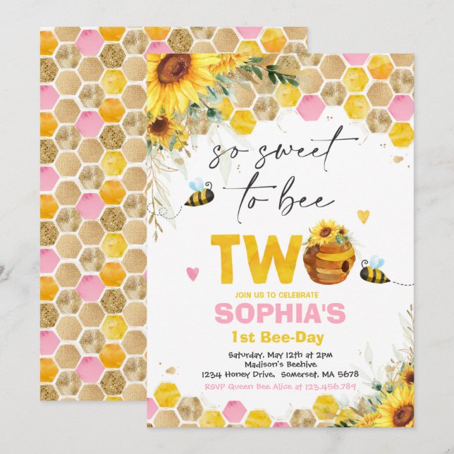Invitación Bee Cumpleaños Sunflower Honey Bee Fiesta de Cumpl (Anverso / Reverso)