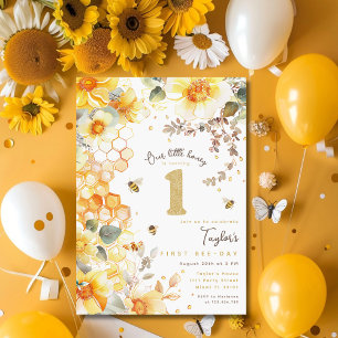 Invitación Bee Day Bumble Bee 1er cumpleaños Honey Floral