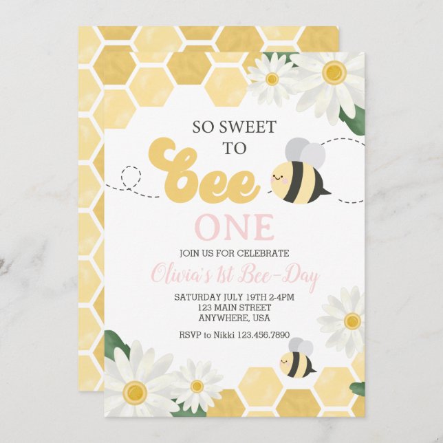 Invitación Bee Day bumblebee 1er cumpleaños Daisy (Anverso / Reverso)