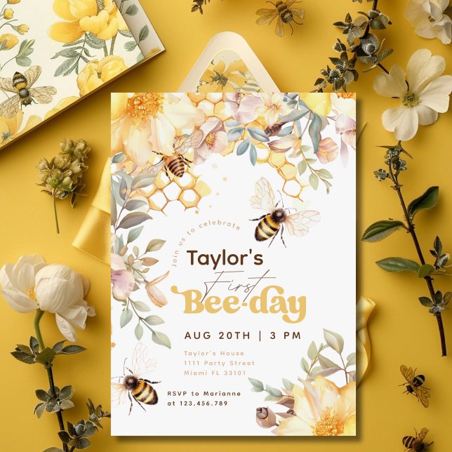 Invitación Bee Day Bumblebee 1er Cumpleaños Floral (Subido por el creador)