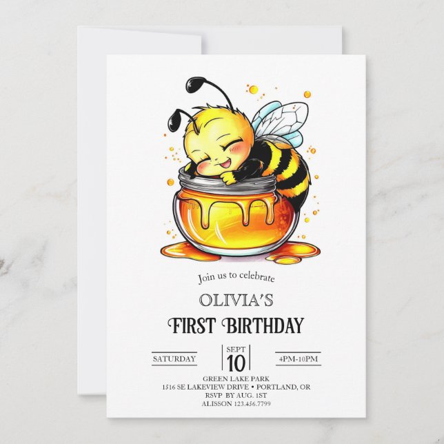 Invitación Bee digital de Boho Sweet 1er cumpleaños (Anverso)