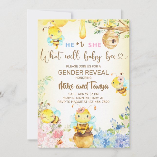 Invitación Bee gender reveal invite, bumblebee, honeybee. (Anverso)