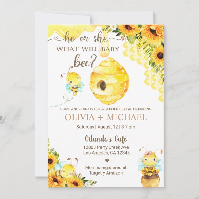 Invitación Bee gender reveal invite, bumblebee, honeybee. (Anverso)