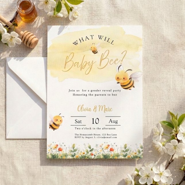 Invitación Bee Gender Reveal • What Will Baby Bee (What will baby bee? Gender reveal invitation)