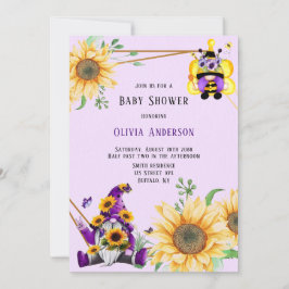 Invitación Bee Gnome en Baby Shower con flores moradas y amar