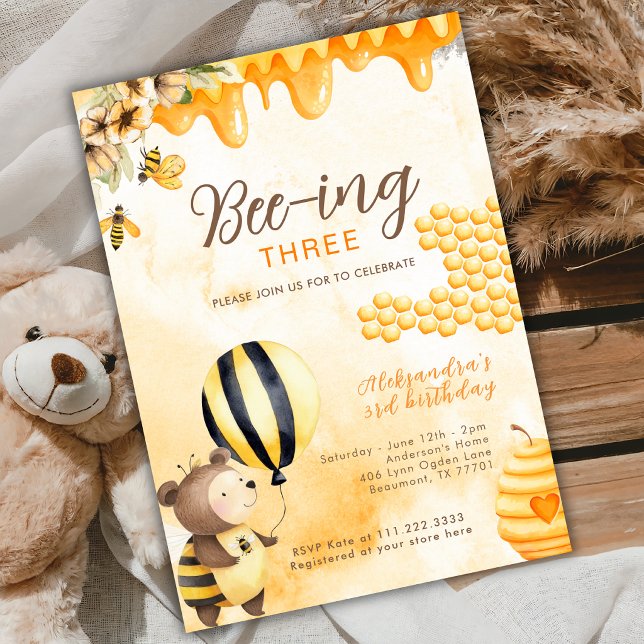 Invitación Bee-ing Three Honey Bear 3rd Birthday Yellow (Subido por el creador)