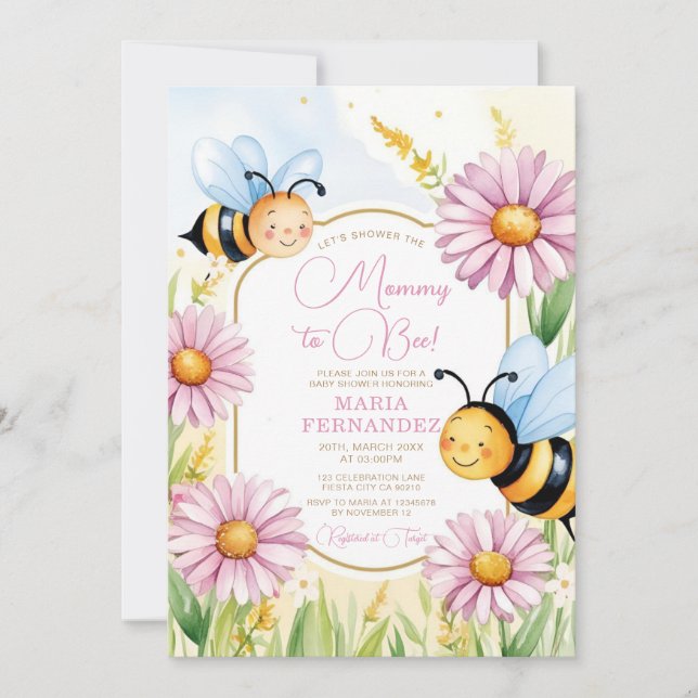 Invitación Bee mami para ser Baby Shower girasoles rosados (Anverso)