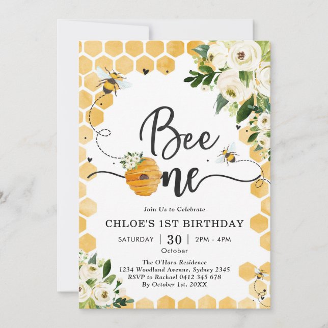 Invitación Bee One Honey Bee Floral 1st Birthday Invitation (Anverso)