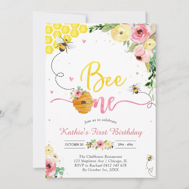 Invitación Bee One Honey Bee Girl 1st Birthday Invitation (Anverso)