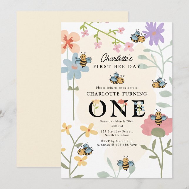 Invitación Bee Primer Fiesta del Día de Abejas Cuta de Cumple (Anverso / Reverso)