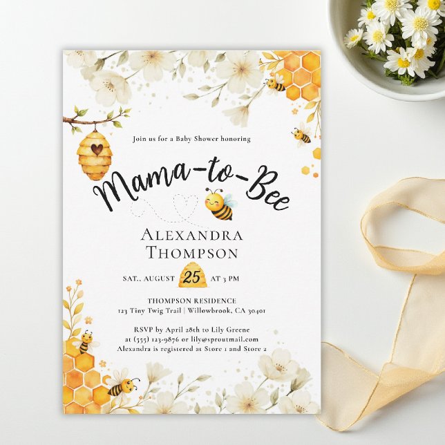 Invitación Bee Summer Floral Watercolor Elegant Baby Shower (mom to bee baby shower theme invitation spring summer wildflowers little honey watercolor elegant)