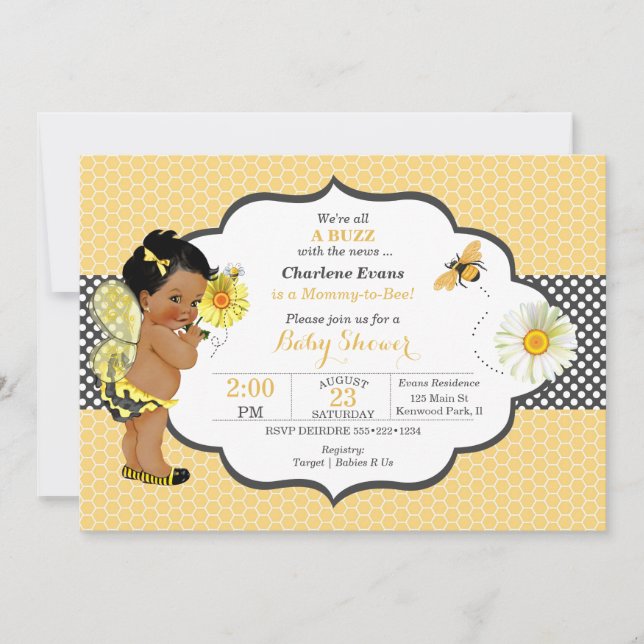 Invitación Bee Theme Yellow Gold Dot Baby Girl (Anverso)