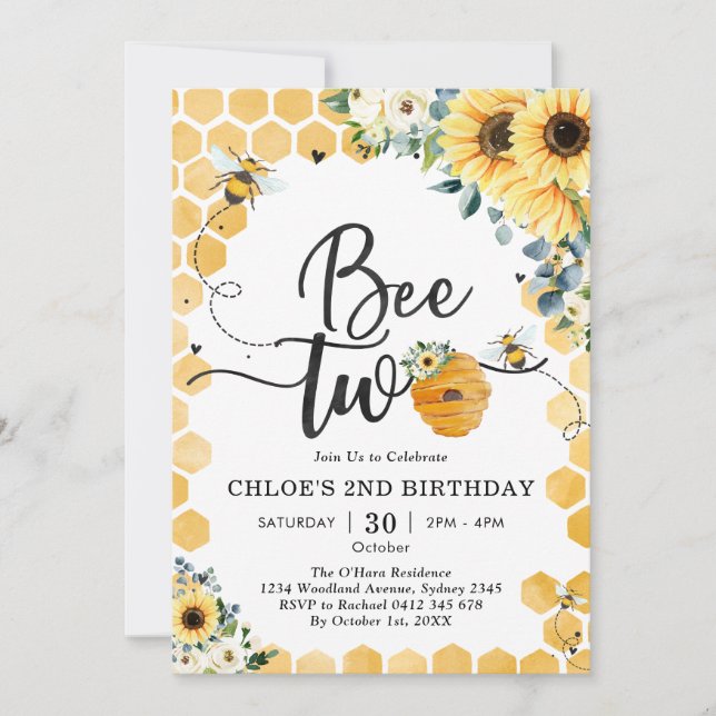 Invitación Bee Two Honey Bee 2nd Birthday Invitation (Anverso)