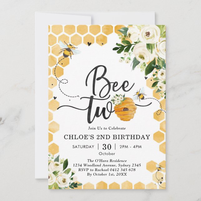 Invitación Bee Two Honey Bee 2nd Birthday Invitation (Anverso)
