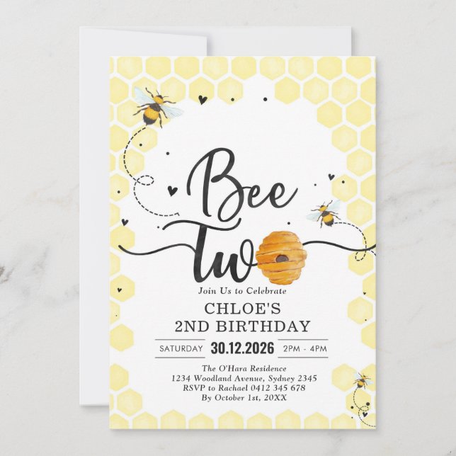 Invitación Bee Two Honey Bee 2nd Birthday Invitation (Anverso)