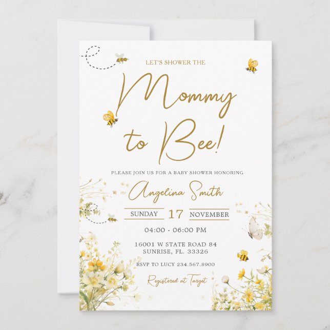 Invitación Bee Wildflower Mami para ser Baby Shower (Anverso)