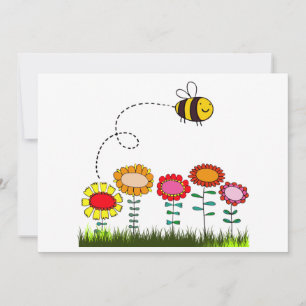Invitación Bee zumbando en un jardín de flores
