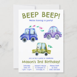 Invitación ¡Beep Beep! Coche acuarela, cumpleaños del vehícul