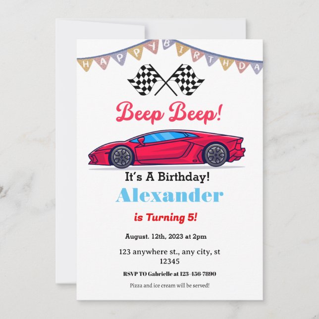 Invitación Beep Beep Red Race Car Birday (Anverso)