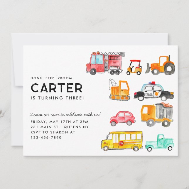 Invitación Beep de Honk Cute Vroom Transportación Niños Cumpl (Anverso)