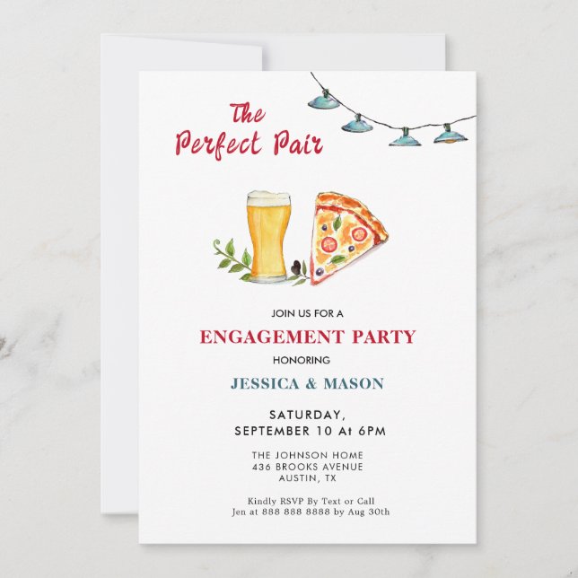 Invitación Beer and Pizza Perfect Pair Engagement Party (Anverso)