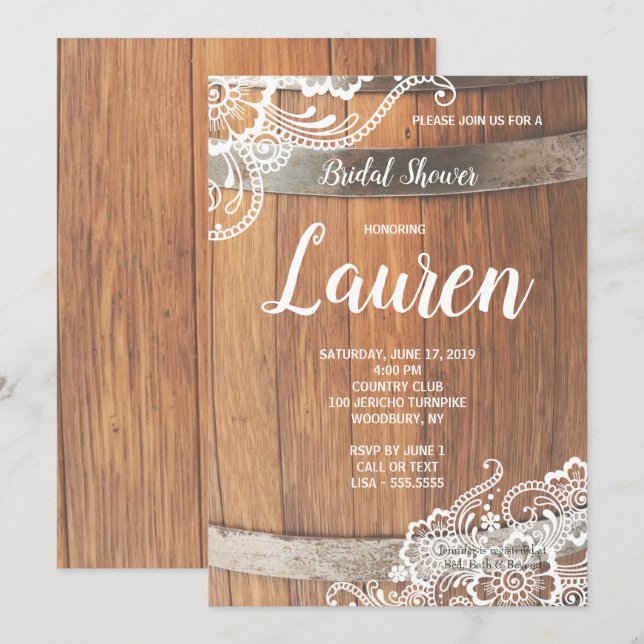 Invitación Beer Keg Lace Rustic Wood Bridal Shower (Anverso / Reverso)