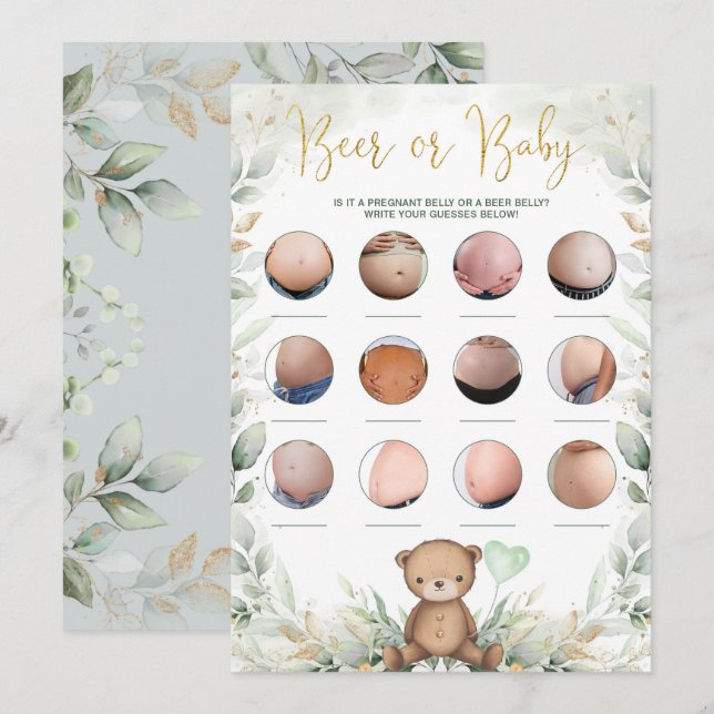 Invitación Beer o bebé Belly Teddy Bear Greenerenery Ducha ju (Anverso / Reverso)