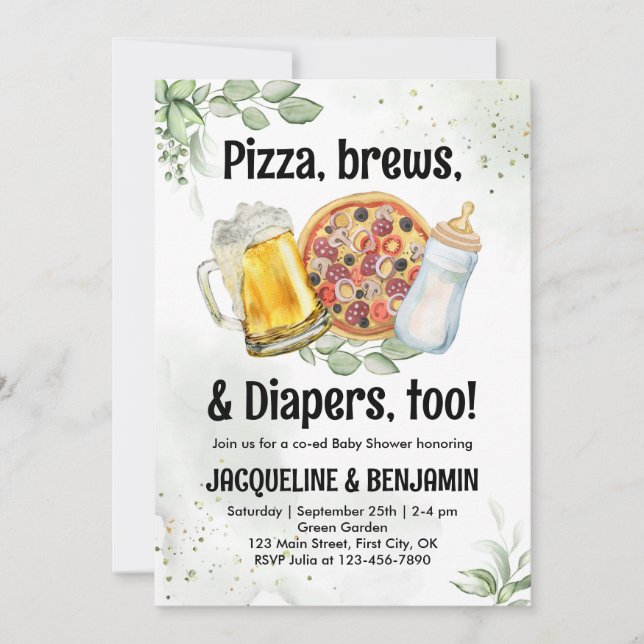 Invitación Beer Pizza Diapers Baby Shower Pregger (Anverso)