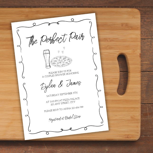 Invitación Beer & Pizza Pareja Perfecta Pareja Pareja Pareja  (Beer & Pizza Perfect Pair Hand Drawn Couples Invitation)