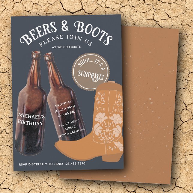 Invitación Beers Boots Cowboy Adult Birthday Surprise Party (Beers Boots Cowboy Adult Birthday Surprise Party Invitation)