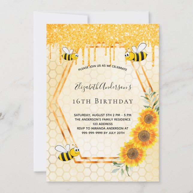 Invitación Bees girasoles honeycomb dorado Sweet 16 (Anverso)