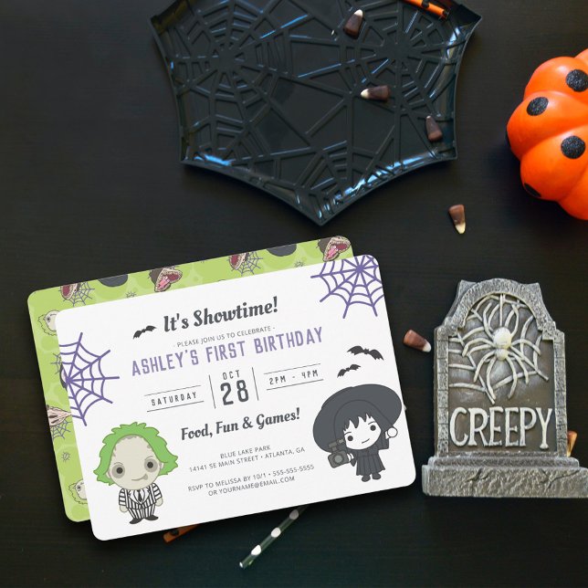 Invitación Beetlejuice Birthday (Invite on table)