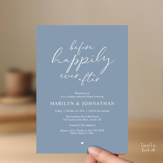Invitación Before Happily Ever After, Romantic Rehearsal (Before Happily Ever After, Modern Romantic Rehearsal Dinner Invitation Card in Dusty Blue)