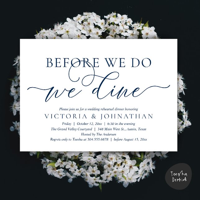 Invitación Before We Do, We Dine, Wedding Rehearsal Dinner (Before We Do, We Dine,  Wedding Rehearsal Dinner Party Classy Romantic Invites Card PDF Navy Blue)