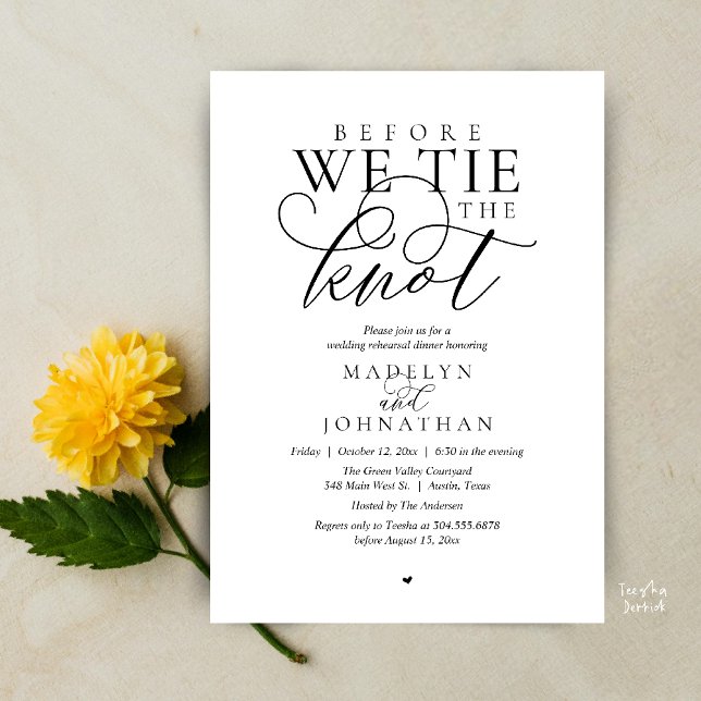 Invitación "Before we tie the knot", Wedding Rehearsal Dinner ("Before we tie the knot", Modern Romantic Wedding Rehearsal Dinner Invites Card in black and white)