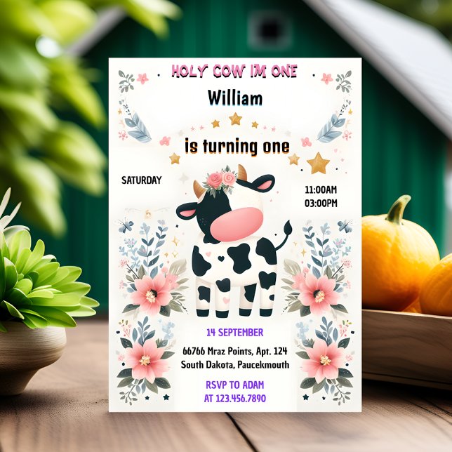 Invitación Begin Farm Cute Floral Pink Holy Cow 1º cumpleaños (Subido por el creador)