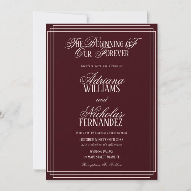 Invitación Beginning Of Our Forever Old Money Red Wedding (Anverso)