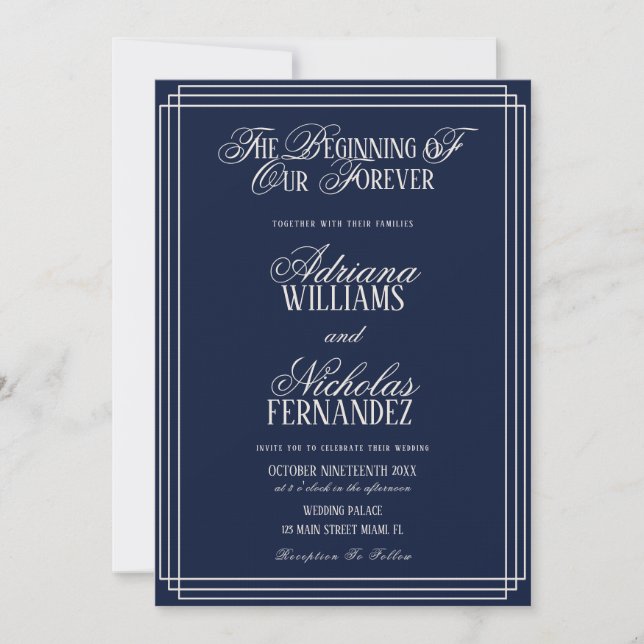 Invitación Beginning Of Our Forever Timeless Navy Wedding (Anverso)