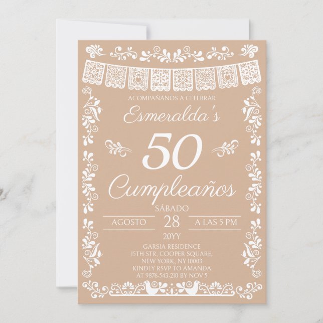 Invitación Beige 50 Cumpleaños Fiesta de Cumpleaños (Anverso)