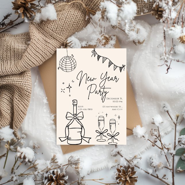 Invitación Beige and Black Doodle Simple New Year's Eve Party (Subido por el creador)
