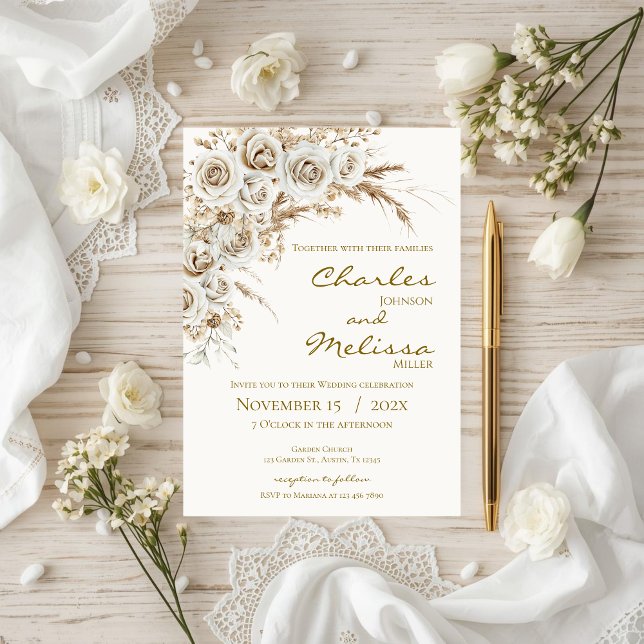 Invitación Beige and Boho Flowers Wedding Invitation (Subido por el creador)