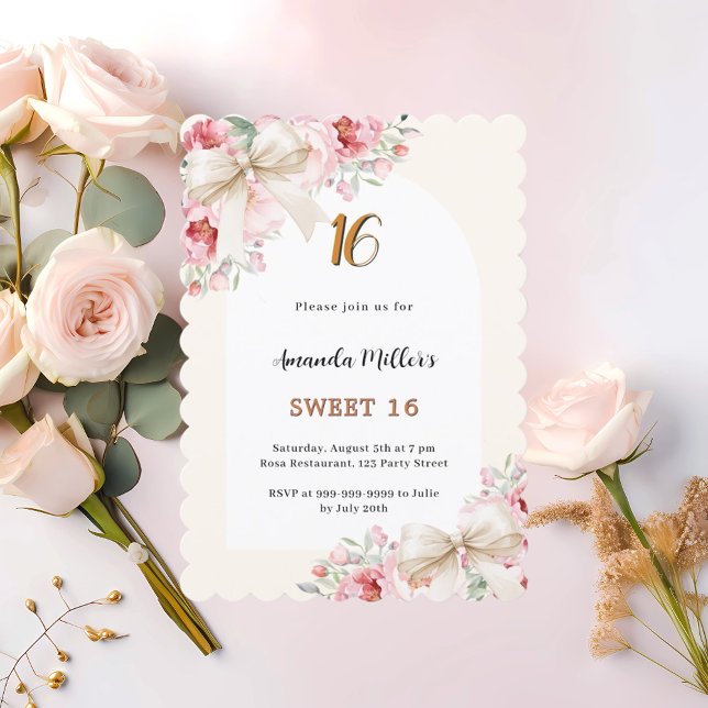 Invitación Beige arado de flores rosadas arca Veleta dulce 16 (Subido por el creador)