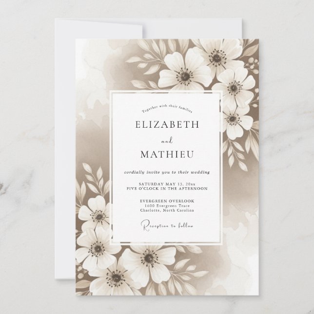 Invitación Beige Artistic Floral Flourish Wedding (Anverso)