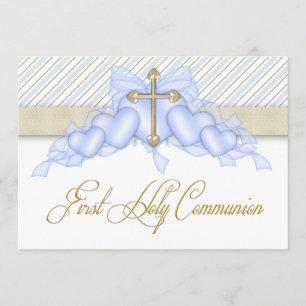 Invitación Beige Azul Cruz Dorada Niño Azul Primera Comunión