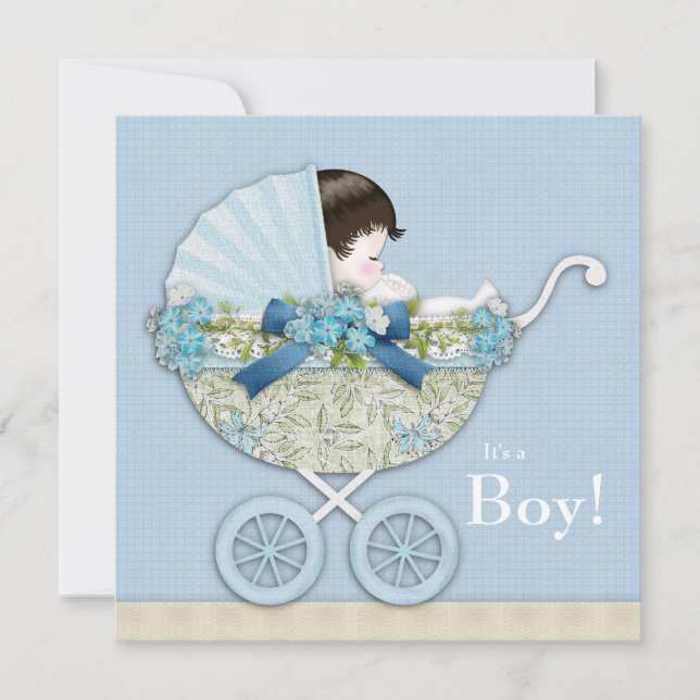Invitación Beige Baby Blue Baby Carriage Boy Shower (Anverso)