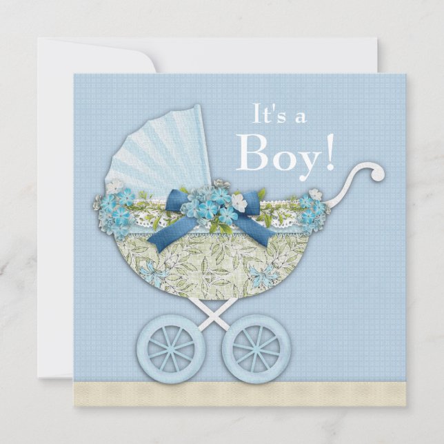 Invitación Beige Baby Blue Baby Carriage Boy Shower (Anverso)
