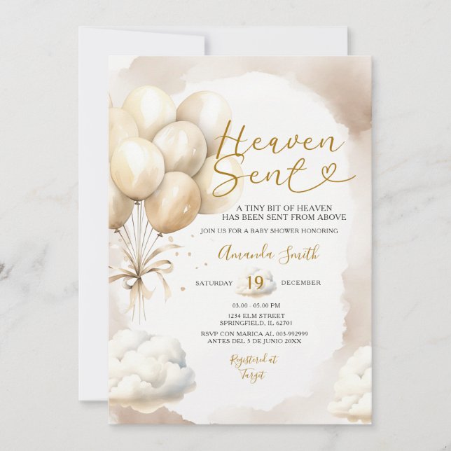Invitación Beige Balloon Heaven Sent Baby Shower Cloud (Anverso)