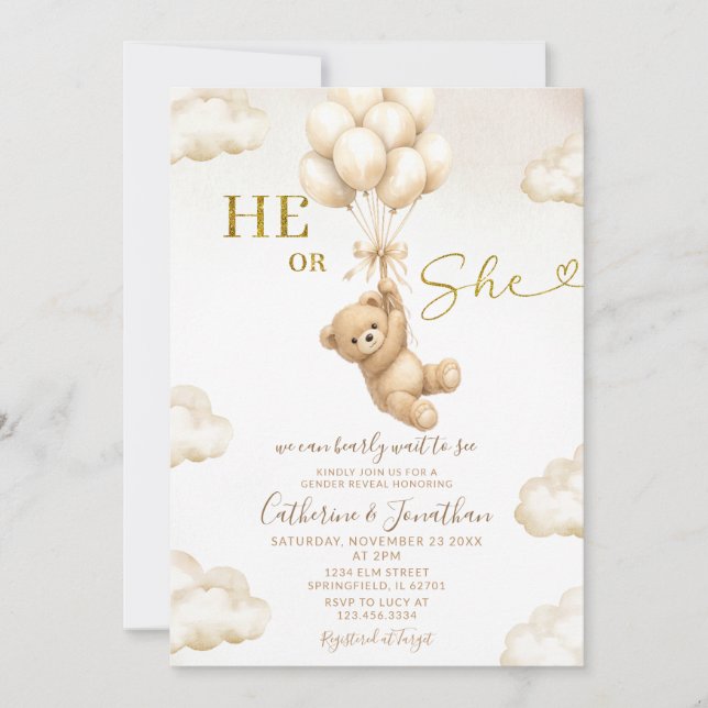 Invitación Beige Balloons Clouds He Or She Bear Gender Reveal (Anverso)