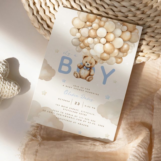 Invitación Beige Balloons Teddy Bear Boy Baby Shower moderno (Subido por el creador)